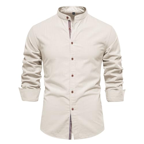 Generisch Stehkragen Hemd Herren Langarm Kontrast Basic Herrenhemden Modische Businesshemden Herren Einfarbig Langarmhemd für Business und Alltag Premium Button Down Freizeithemden (Khaki, M) von Generisch