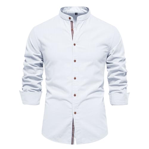 Generisch Stehkragen Hemd Herren Langarm Kontrast Basic Herrenhemden Modische Businesshemden Herren Einfarbig Langarmhemd für Business und Alltag Premium Button Down Freizeithemden (Weiß, M) von Generisch