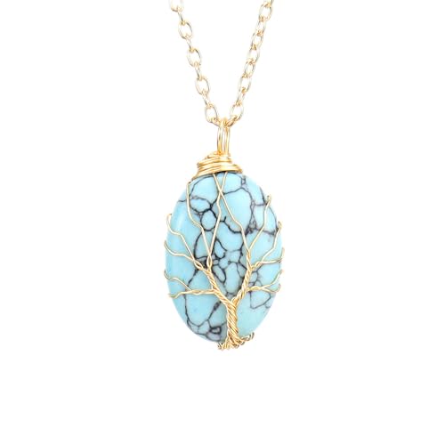 Generisch Stein Anhänger,Verstellbare Kette, Natürlicher Edelstein, Kristall, Handgewickelt, Eiförmig, Goldfarben, Lebensbaum-Anhänger, Halskette, Energieschmuck Für Männer Und Frauen, Türkis Generisch Stein Anhänger,Verstellbare Kette, Natürlicher Edelstein, Kristall, Handgewickelt, Eiförmig, Goldfarben, Lebensbaum-Anhänger, Halskette, Energieschmuck Für Männer Und Frauen, Türkis von Generisch