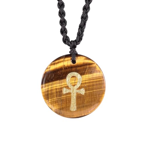 Generisch Stein Anhänger,Verstellbare Wachsseil-Mode-Halskette Mit Anhänger Aus Natürlichem Edelsteinkristall, Handgeschnitzt, Lebenssymbol, Energieschmuck Für Männer Und Frauen, Tigerauge von Generisch