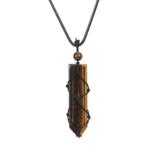 Generisch Stein Anhänger,Verstellbare Wachsseil-Mode-Halskette Mit Natürlichem Edelsteinkristall, Handgewebt, Schwertförmiges Netz, Taschenanhänger, Energieschmuck Für Männer Und Frauen, Tigerstein von Generisch