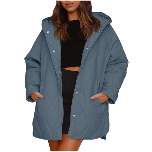 Generisch Steppjacke Damen Leichte Knopfleiste Winterjacke Lang Rhombus Steppmantel Thermal Einfarbig Wintermantel Baumwollmantel Kapuzenjacke Langarm Puffer Jacke Winter Daunenjacke mit Taschen von Generisch