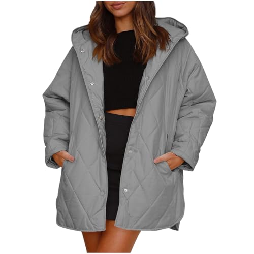 Generisch Steppjacke Damen Leichte Knopfleiste Winterjacke Lang Rhombus Steppmantel Thermal Einfarbig Wintermantel Baumwollmantel Kapuzenjacke Langarm Puffer Jacke Winter Daunenjacke mit Taschen von Generisch