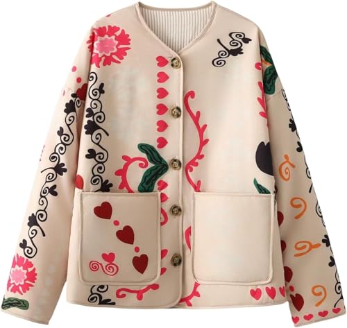 Steppjacke Für Damen Mit Blumenmuster Und Langen Ärmeln Baumwolljacke Mit Knöpfen Und Taschen Für Herbst Und Winter Leichte Warme Jacke Für Damen (Beige,M) von Hecatombic