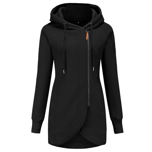 Generisch Steppmantel Damen, Women'S Winter Jacket Warm Thick Plüsch Gefüttert Hooded Drawstring Unregelmäßige Design Reißverschluss Mäntel Mantel Damen Lang Puffer Jacke (L, Schwarz) von Generisch