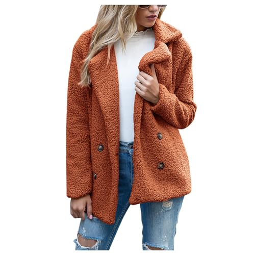 Generisch Steppmantel Damen Leicht, Herbst Und Winter Modisch Locker Geknöpft Revers Tasche Fleece Warme Jacke Beheizbare Teddyfleece Winterjacke Gefüttert Women Weste (M, Saffron) von Generisch