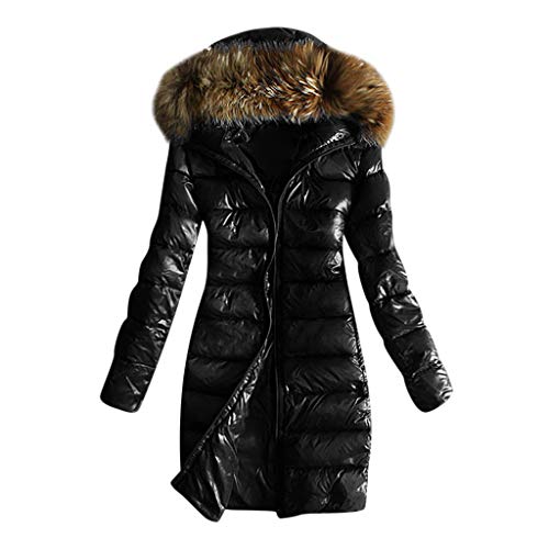 Generisch Damen Wintermantel Lang Steppjacke Warm Wintermantel Einfarbig Schwarz L Reißverschluss Leichte Daunenjacke mit Fell Puffer Mantel Winter von Generisch