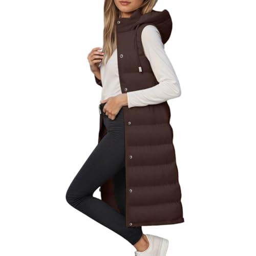 Generisch Steppweste Damen Lang Leicht Warmer Ärmellose Weste Mit Kapuze Steppmantel Elegant Damenweste Wintermantel Reissverschluss Longweste Mit Taschen Vest Für Herbst Und Winter von Generisch