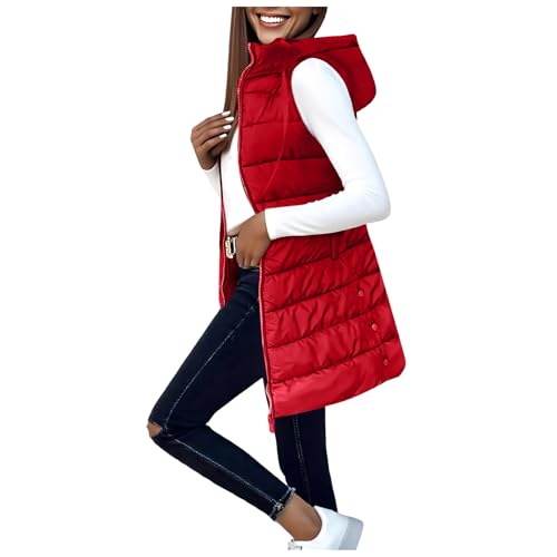 Generisch Steppweste Damen Lang mit Kapuze Weste Winter Herbst Warme Daunenweste Lange Winterjacke Ärmellose Casual Longweste Leichte Übergangsweste mit Reißverschluss S-XXL von Generisch