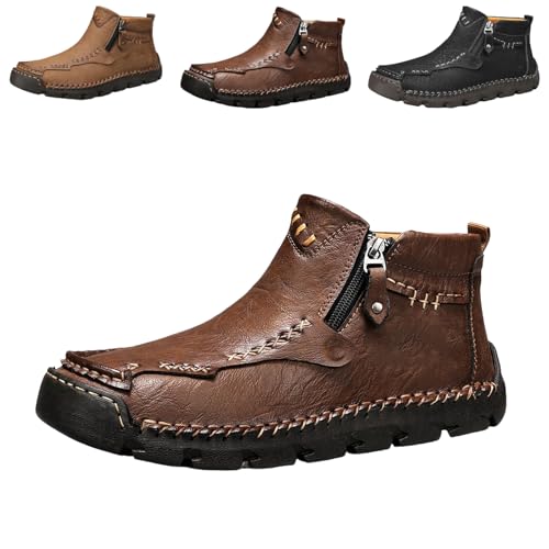 Generisch Stepthetop Motorcycle Boots Men, Hand-Sewn Chelsea Leather Shoe, Non-slip Mid-Top Flat Walking Driving Shoes with Side Zipper (Dark Brown,47) von Generisch