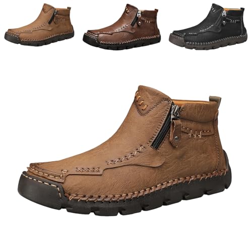 Generisch Stepthetop Motorcycle Boots Men, Hand-Sewn Chelsea Leather Shoe, Non-slip Mid-Top Flat Walking Driving Shoes with Side Zipper (Khaki,43) von Generisch