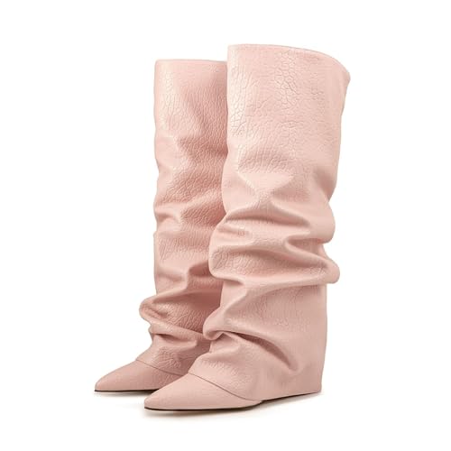 Generisch Stiefel Damen, Fold Over Stiefel Damen Plissierte Faltstiefel Keilabsatz - PU/Wildleder Knie High Boots Casual Stiefeletten Cowboystiefel Halbhoch Damenstiefel, 35/EU, Rosa von Generisch