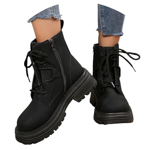 Generisch Stiefel Damen Flach Ankle Boots wasserdichte Schuhe Schnürstiefel Herbstschuhe Motorradstiefel Herbst Winter Mit Schnürung Schnürboots Stiefeletten Schwarz 41 von Generisch