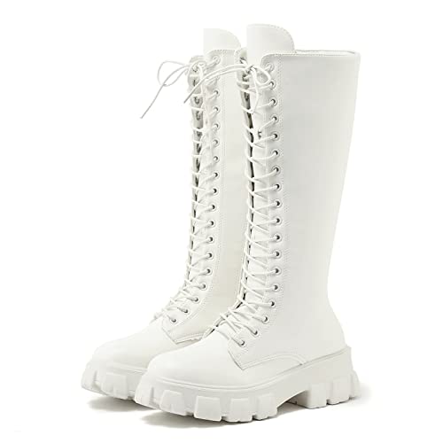 Generisch Stiefel Damen Schwarz Stiefeletten Halbhoch Gothic Schnürstiefel Plateau Stiefel Freizeit Boots Halbschuhe Herbstschuhe Winterschuhe Weiß 37 von Generisch