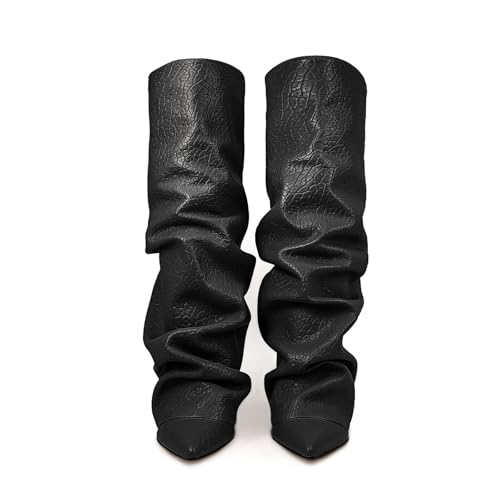 Generisch Stiefel Damen Spitzer Zehenpartie Klobigem Absatz Kniestiefel Mode Wasserdicht Stiefeletten Wasserdicht und Falten Schlupfschuhe Vintage Bequeme Damenschuhe Outdoor Rutschfeste High-Heels von Generisch