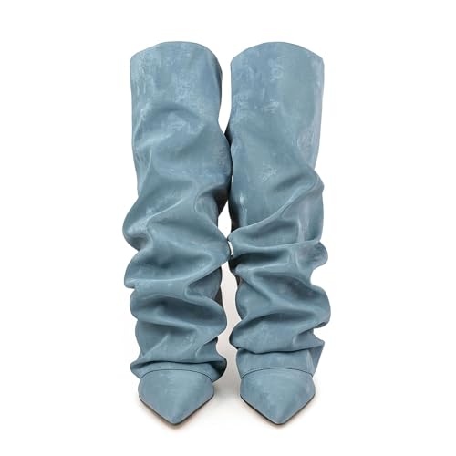 Generisch Stiefel Damen Spitzer Zehenpartie Klobigem Absatz Kniestiefel Mode Wasserdicht Stiefeletten Wasserdicht und Falten Schlupfschuhe Vintage Bequeme Damenschuhe Outdoor Rutschfeste High-Heels von Generisch