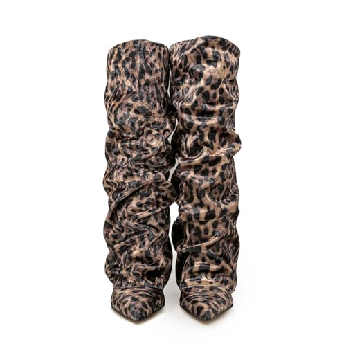 Generisch Stiefel Damen Spitzer Zehenpartie Klobigem Absatz Kniestiefel Mode Wasserdicht Stiefeletten Wasserdicht und Falten Schlupfschuhe Vintage Bequeme Damenschuhe Outdoor Rutschfeste High-Heels von Generisch