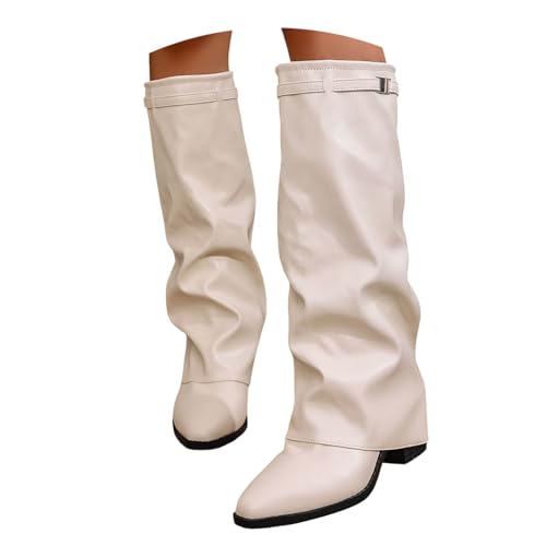 Generisch Stiefel Damen Westernstiefel Mit Absatz Leder Cowboystiefel Vintage Lederstiefel Elegant Weitschaftstiefel Reitstiefel Winterstiefel Ankle Boots Weiß 38 von Generisch