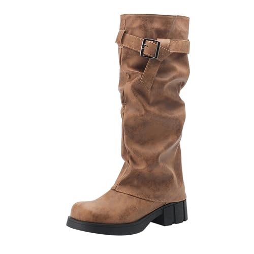 Generisch Stiefel Für Damen Kniehoch Mit Weiter Wade,Winter Retro Damenstiefel Dicke Sohle,Einfarbige Blockabsatz,Gürtelschnalle Stiefel Plateau Schuhe Außenhandel,Wadenstiefel von Generisch