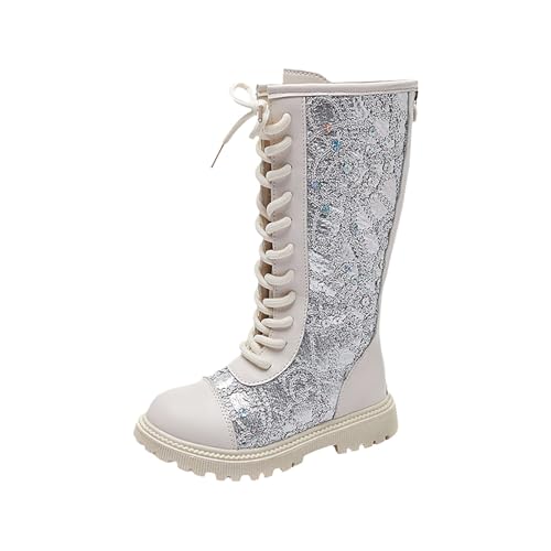 Generisch Stiefel Mädchen Klassische Stiefel für Kinder Herbst Winter Reitstiefel Seitlichem Reißverschluss Schnürstiefel Winterstiefel mittelere Stylische Herbststiefel(C02 Silber,11-11.5 Years) von Generisch