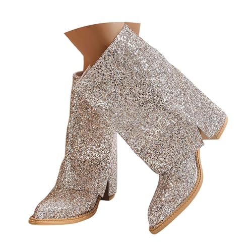 Generisch Stiefel Pailletten Damen Halbstiefel Elegant Kurzstiefelette Bequem Stiefeletten Retro Schlupfstiefeletten Kurzschaft Winterstiefel Chunky Heels Übergangsstiefel Lässig Ankle Boots von Generisch