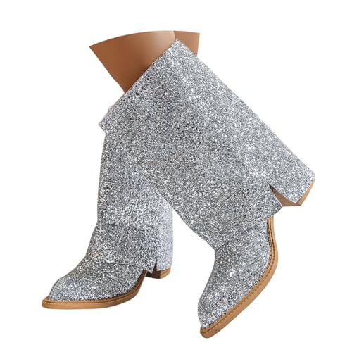 Generisch Stiefel Pailletten Damen Halbstiefel Elegant Kurzstiefelette Bequem Stiefeletten Retro Schlupfstiefeletten Kurzschaft Winterstiefel Chunky Heels Übergangsstiefel Lässig Ankle Boots von Generisch