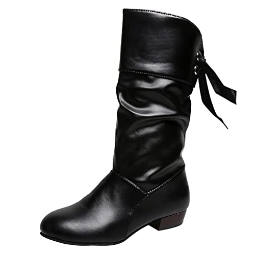 Generisch Stiefeletten Damen, einfarbig, plissiert, Fliege, Dicker Absatz, mittelgroße Stiefel (Black, 40) von Generisch