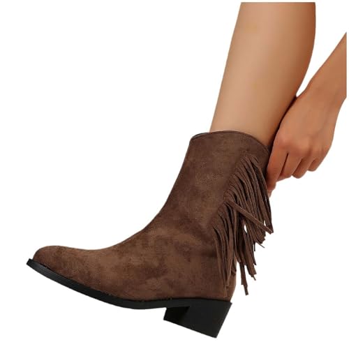 Generisch Stiefeletten Damen Cowboy, Stiefel Damen Mit Absatz Fransen Retro Halbstiefel Kurze Winterstiefel Wildleder Ankle Boots Weiche Rutschfest Wanderstiefel Fransenstiefel Vintage Knöchelstiefel von Generisch