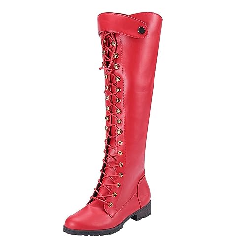 Generisch Stiefeletten Damen Damen Europa die Vereinigten Staaten Winter Damenstiefel Außenhandel Große Stiefel Schnürstiefel über dem Knie (Red, 37) von Generisch