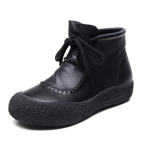 Generisch Stiefeletten Damen Flach Runde Zehe Kurzstiefel Retro Handgemacht Lederstiefel Dicke Weiche Sohle Halbstiefel rutschfest Schnürstiefel Warme Winterstiefel Barfuss Schneeschuhe von Generisch