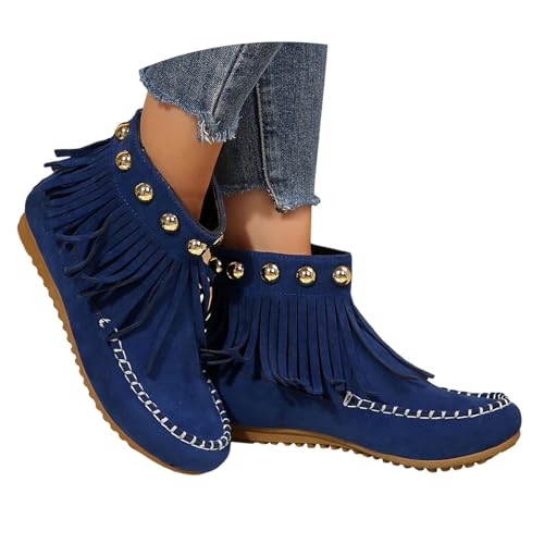 Generisch Stiefeletten Damen Flache Schlupfstiefel mit Fransen Cowboystiefel Ankle Boots Trachtenschuhe Freizeitstiefel Schlupfstiefel Stiefel Festliche Schuhe Halbstiefel Damenschuhe von Generisch