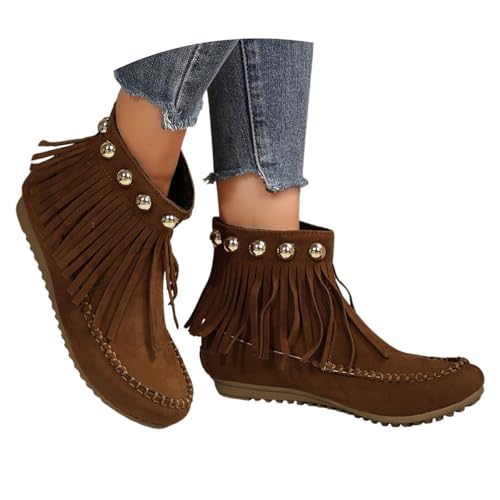Generisch Stiefeletten Damen Flache Schlupfstiefel mit Fransen Cowboystiefel Ankle Boots Trachtenschuhe Freizeitstiefel Schlupfstiefel Stiefel Festliche Schuhe Halbstiefel Damenschuhe von Generisch