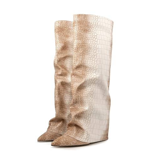 Generisch Stiefeletten Damen Herbst, Fold Over Stiefel Damen Plissierte Faltstiefel Keilabsatz - PU/Wildleder Knie High Boots Casual Stiefeletten Cowboystiefel Halbhoch Damenstiefel, 34/EU, Beige von Generisch