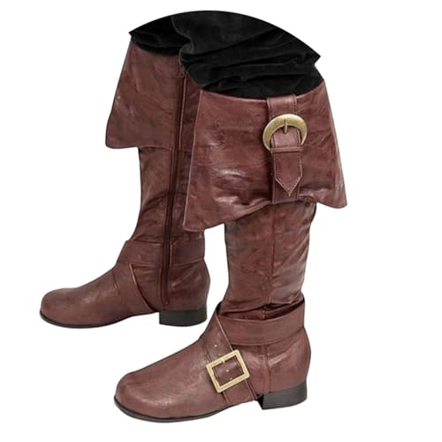 Generisch Stiefeletten Damen Herrenstiefel mit halbhoher Wade, Lederschnallendetail, Retro-Faltdesign, Bequeme Freizeitstiefel für Männer, robuste Sohle (Coffee, 45) von Generisch