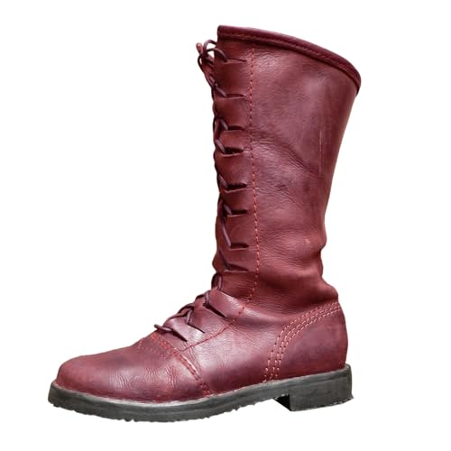 Generisch Stiefeletten Damen Herrenstiefel mit mittlerer Wadenhöhe, mittelalterlicher Stil, Lederstiefel für Männer, Weite Passform, bequemes, langlebiges Schuhwerk (Red, 43) von Generisch