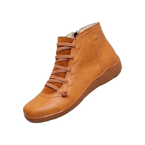 Generisch Stiefeletten Damen Knöchelstiefel Herbst Flache Weiche Sohle Rutschfeste Kurzstiefel Einfarbig Weichem Slip On Bequeme Ankle Boots Outdoor Casual Lederstiefel Mit Schnürsenkel,35-42 EU von Generisch