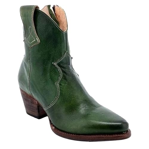 Generisch Stiefeletten Damen Leder Cowboystiefel Halbstiefel Reitstiefel Damen Western Stiefel Kurzstiefel Übergangsstiefel Blockabsatz Ankle Boots Halbhoch Damenstiefel Mit Seitlichem Reißverschluss von Generisch