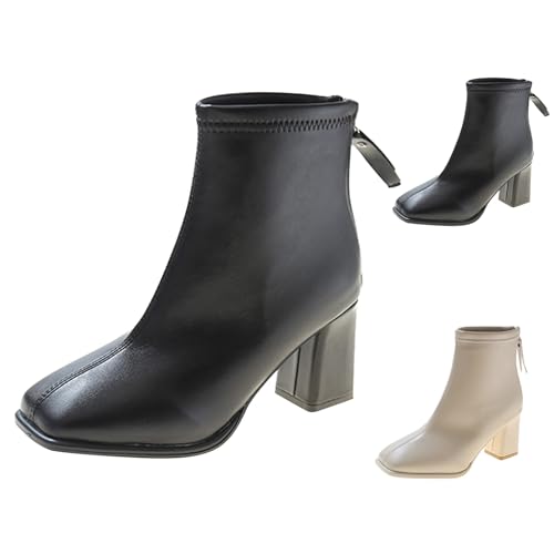Generisch Stiefeletten Damen Leder Damenstiefel mit Blockabsatz Einfarbig Lederstiefel Stilvoll und Elegant Ankle Boots Booties Kurzstiefel Rückenreißverschluss Absatzstiefelette Knöchelstiefel von Generisch