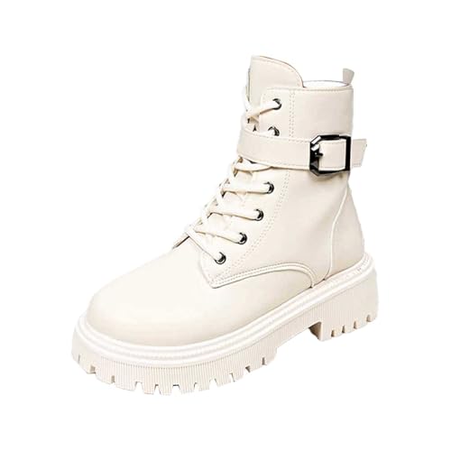 Generisch Stiefeletten Damen Leder Schnürstiefel Halbstiefel Bequemer Absatz Ankle Boots Halbhoch Damenstiefel Winter Warmes Futter Schuhe Weiß 35 von Generisch