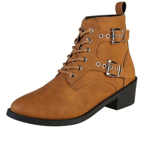 Generisch Stiefeletten Damen Mit Absatz, Ankle Boots Damen Rundkopf Knöchelstiefel Schnürer Kurzstiefel Mit Gürtelschnalle Schlupfstiefel Herbst Winter Boots Blockabsatz Damenstiefel Chelsea Boots von Generisch