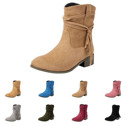 Generisch Stiefeletten Damen Mit Fransen Stiefel Damen Mit Absatz Damenstiefel Elegant Cowboystiefel Wildleder Reitstiefel Einfarbig Lederstiefel Flach Damenstiefeletten Modern Freizeitstiefel von Generisch