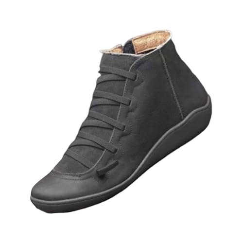 Generisch Stiefeletten Damen Mittelalter Schuhe Winterschuhe Ankle Boots Flache Schnürstiefel Aus Wasserdichtem Pu-Leder,Bequem Rutschfest,Mittelalter Biker Herbstschuhe Kurze Stiefel (Grau,39) von Generisch