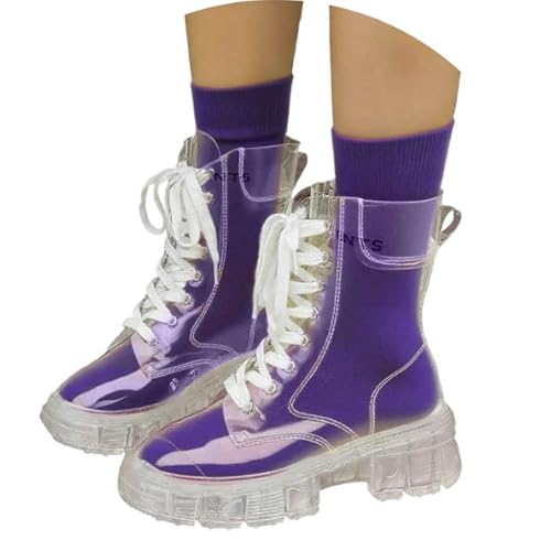 Generisch Stiefeletten Damen Schnürstiefel Bequemer Jelly-Stiefeletten PVC Wasserdichte Plateau Absatz Schuhe Transparent Stiefel mit dicker Sohle Lila 41 von Generisch