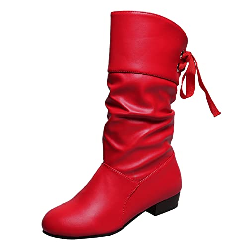 Generisch Stiefeletten Damen Schwarz Winter, Einfarbig, Plissiert, Fliege, Dicker Absatz, Mittelgroße Stiefel (Red, 40) Festival Gummistiefel Gummistiefel-Damen Pink Weiß Bequeme Regen Boots Rosa von Generisch