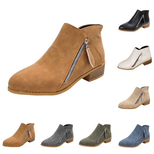 Generisch Stiefeletten Damen Spitze Form Flach Stiefel Damen Mit Blockabsatz Ankle Boots Mit Reißverschluss Damenstiefel Einfarbig Freizeitstiefel Elegant Ledersteifel Wildleder Winterstiefel von Generisch