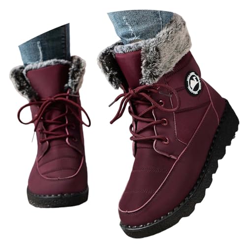 Generisch Stiefeletten Damen Stiefel Anti-Slip Schnüren Chelsea Boots Winterstiefel Komfortabel Herbst Winter Schneestiefel Kunstleder Schuhe Sich Warm Halten Wasserdicht Damenstiefel Rot 36 von Generisch