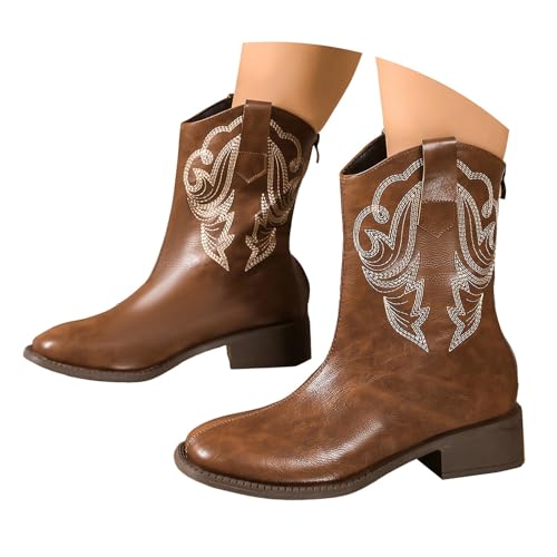 Generisch Stiefeletten Damen Trachten Elegant Wildleder Cowboystiefel Halbstiefel Schlupfschuhe Niederung Stiefel Kurzstiefel Übergangsstiefel Blockabsatz Ankle Boots Halbhoch Damenstiefel von Generisch