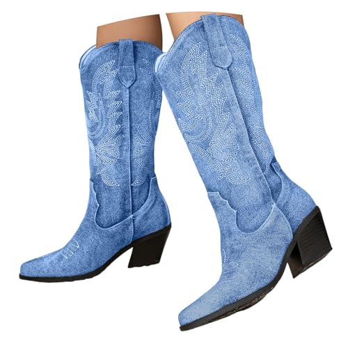 Generisch Stiefeletten Damen - Wildleder Cowboystiefel Halbstiefel Schlupfschuhe Niederung Stiefel Kurzstiefel Übergangsstiefel Blockabsatz Ankle Boots Halbhoch Damenstiefel (Blue-a, 8.5) von Generisch