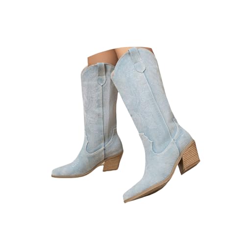 Generisch Stiefeletten Damen - Wildleder Cowboystiefel Halbstiefel Schlupfschuhe Niederung Stiefel Kurzstiefel Übergangsstiefel Blockabsatz Ankle Boots Halbhoch Damenstiefel (Light Blue-a, 8) von Generisch