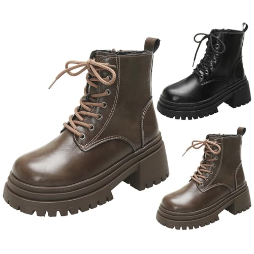 Generisch Stiefeletten Damen Zum Schnüren Aus Leder Plateau - Springerstiefel Flach Rutschfeste Laufsohle Schnürboots Halbschaft Arbeitssstiefel Pu-Leder Reitstiefel Teenager-Mädchen Plateau Stiefel von Generisch